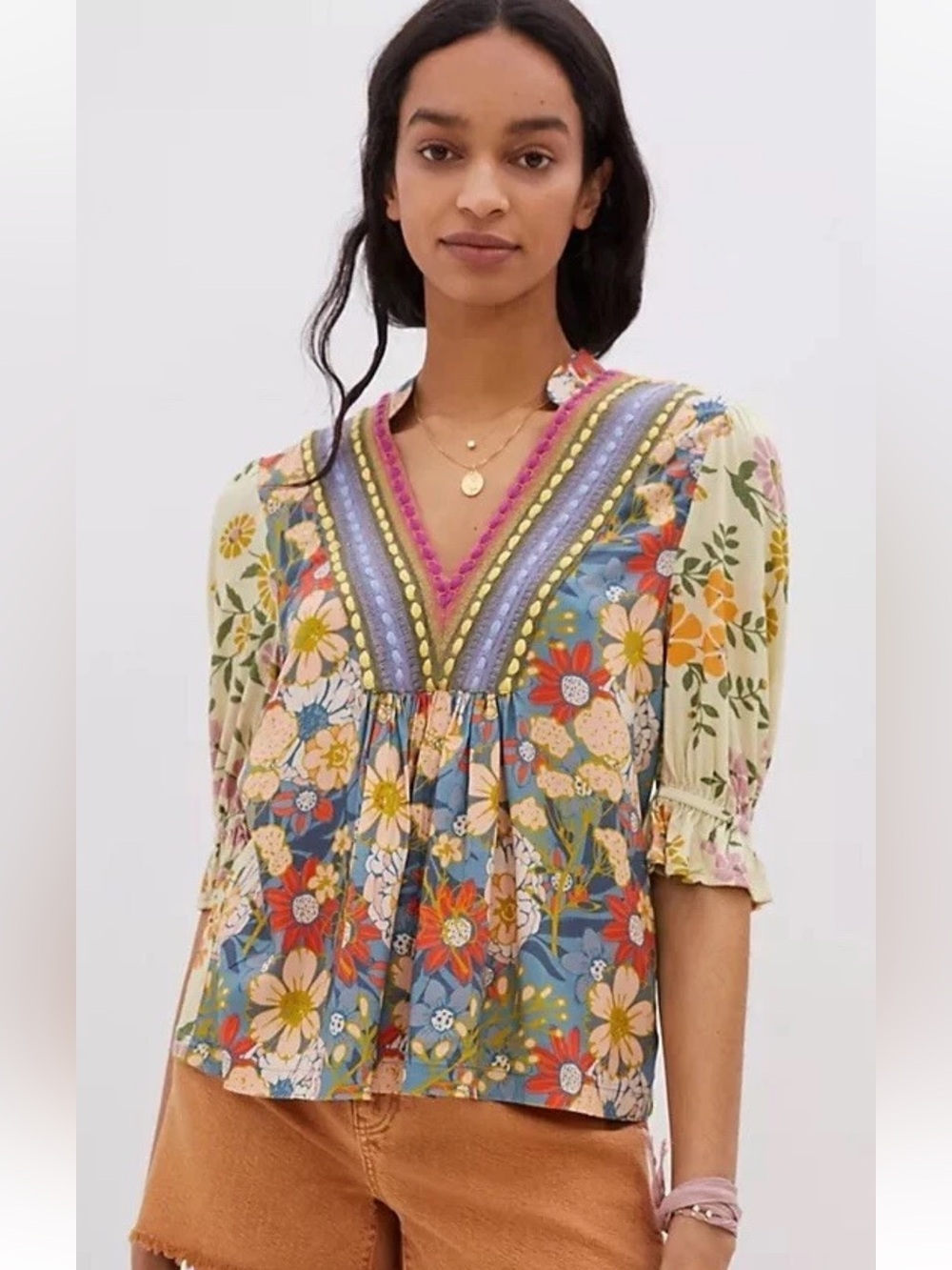 Anthropologie Bl^nk Stephanie Floral V-Neck Embroidered Top Size XS